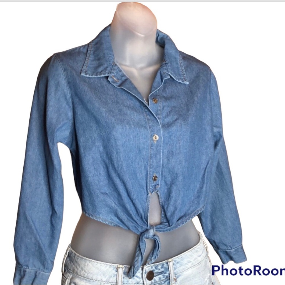 vintage cotton 1990’s  denim crop top small / medium ties at waist